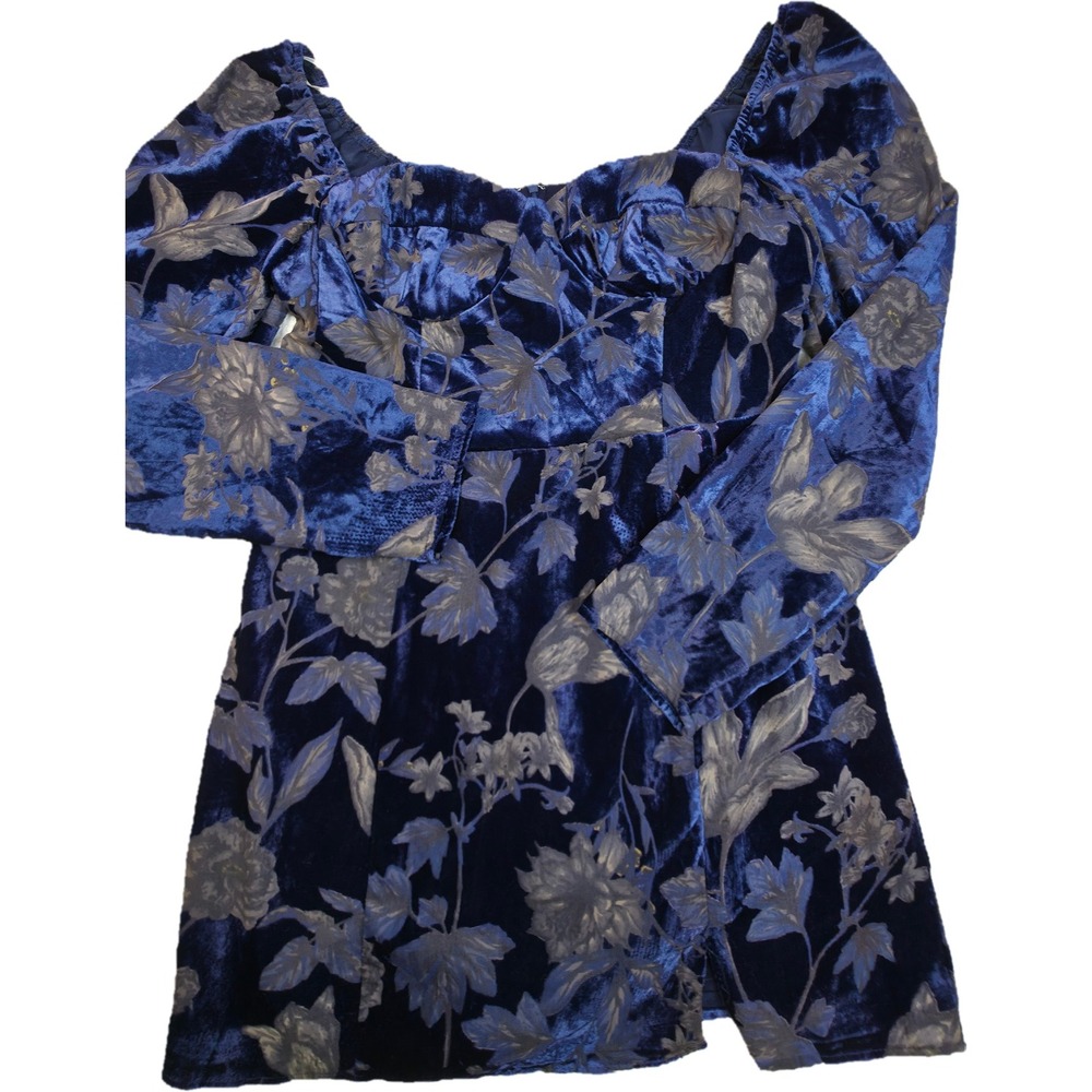 Lulus Velvet Dress Women XL Blue Floral Long Sleeve Sweetheart Mini Excellent